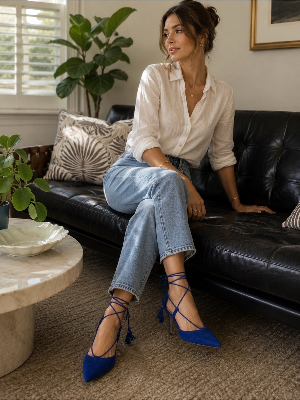 Marc Fisher Cobalt Blue Lace-Up Heels 6.5 Pointed Toe Tassel Ankle Wrap Pumps